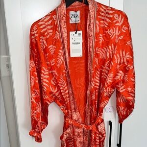 Zara shiny Scarlet Kimono with White Leaf Pattern